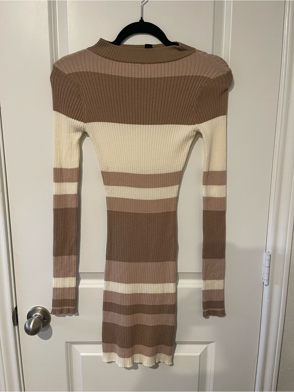 Windsor Striped Ribbed Long-Sleeve Bodycon Dress in Brown & Cream